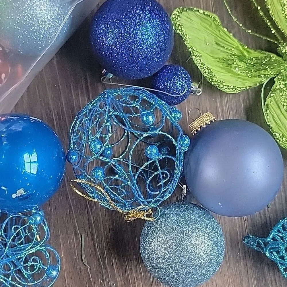 Over 30 Christmas tree ornaments blue and pink glitter